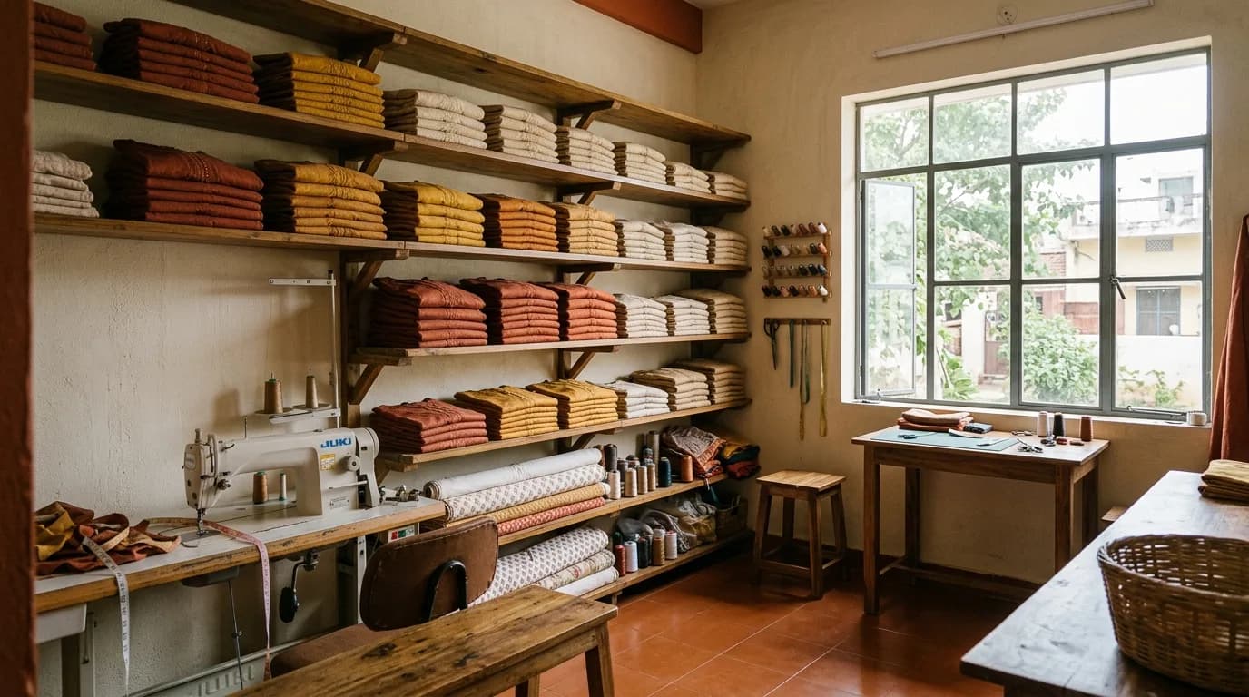 Inside the Keshu's kurti stitching unit at Odhav Ahmedabad, folded stacks and sewing lines